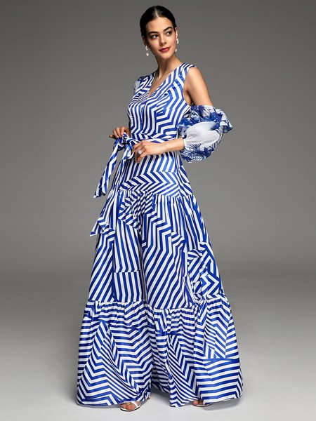 

Party Striped Elegant Dress, Blue, Maxi Dresses