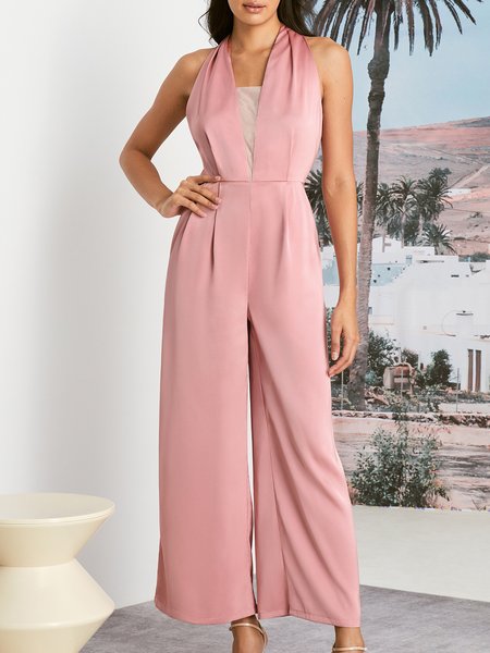 

Loose Plain Elegant V Neck Sleeveless Jumpsuit, Pink, Jumpsuits