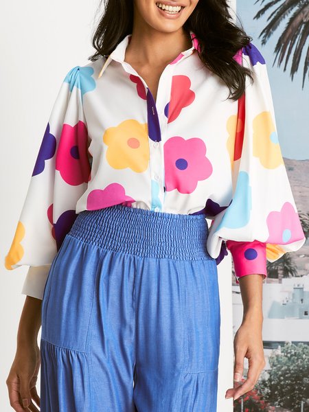 

Stylewe Floral Shirt Collar Loose Vacation Blouse, Multicolor, Blouses and Shirts