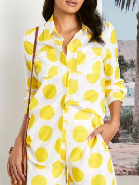 

Shirt Collar Polka Dots Casual Regular Fit Blouse, Yellow, Blouses and Shirts
