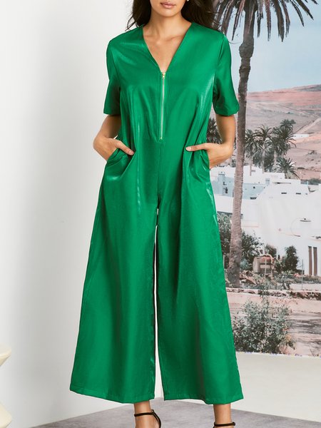 

Casual Plain Half Sleeve V Neck Jumpsuit, Green, Jumpsuits
