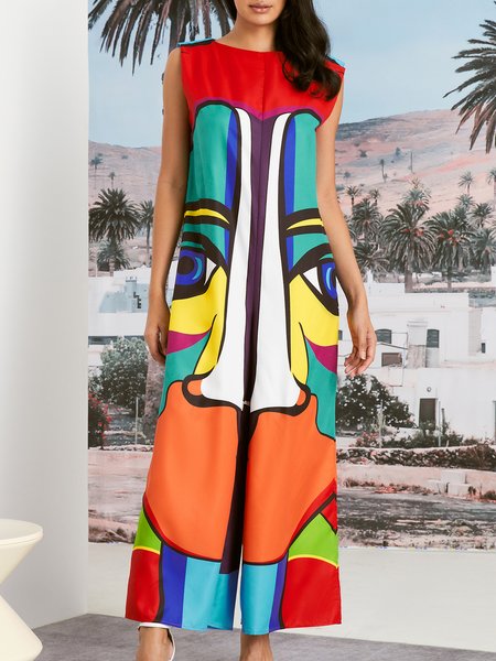

Abstract Crew Neck Loose Vacation Sleeveless Jumpsuit, As picture, Jumpsuits