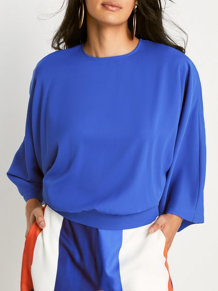 

Vacation Batwing Sleeve Plain Loose Shirt, Blue, Blouses and Shirts