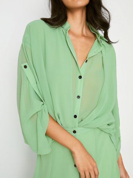 

Loose Casual Shirt Collar Plain Blouse, Green, Blouses and Shirts
