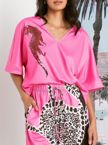 

V Neck Loose Casual Tiger Shirt, Pink, Blouses and Shirts