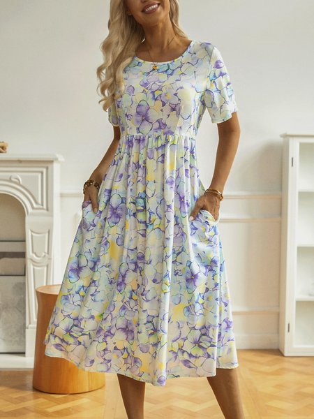 

Floral Short Sleeve Woven Dress, Lavender, Maxi