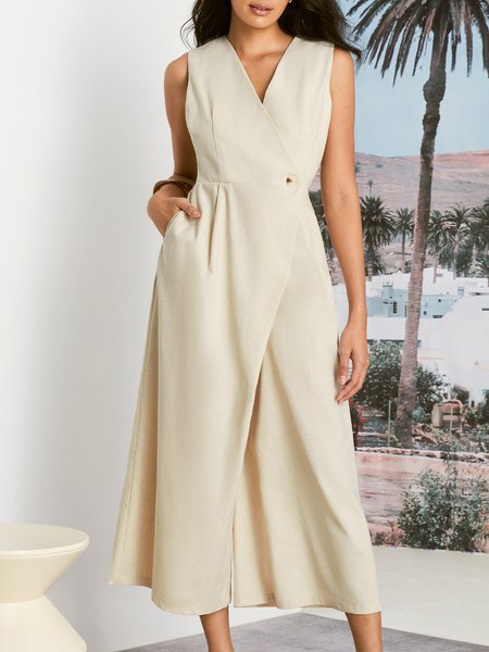 

Lightweight Urban Plain Loose V neck Sleeveless Dress, Apricot, Jumpsuits