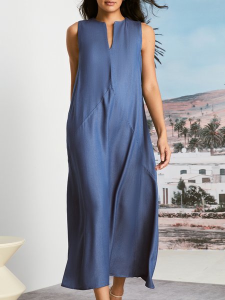 

Faux Denim Plain Casual Loosen Sleeveless Dress With No Belt, Blue, Dresses