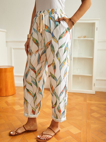 

Loose Geometric Printed Lace-Up Casual Pants, White, Pants