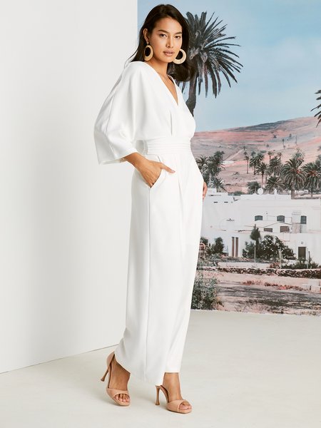

Plain Regular Fit Elegant V Neck Jumpsuit, White, Jumpsuits