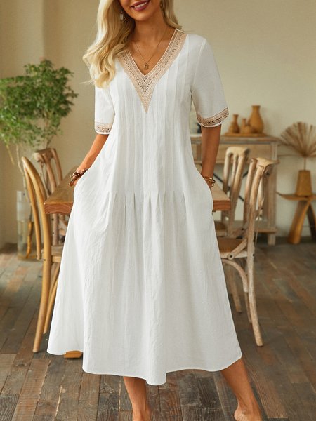 

Lace Cotton And Linen Casual Pockets Plain Dress, White, Maxi