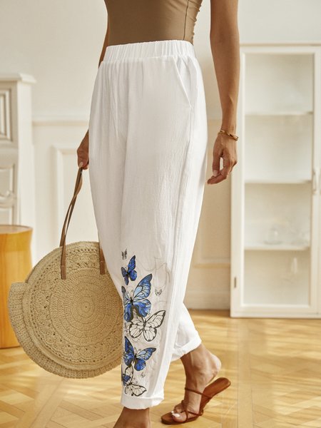 

Butterfly Printed Casual Pants, White, Pants