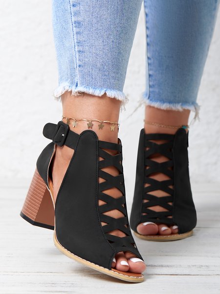 Urban Commuting Simple Hollow Cross Thin Straps Thick heeled Sandals And Boots