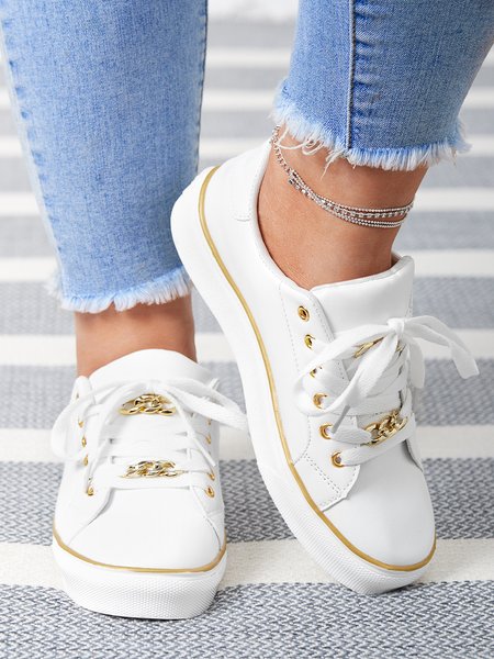 

Chain Decor Lace-up Casual Skate Shoes, Golden, Women Shoes