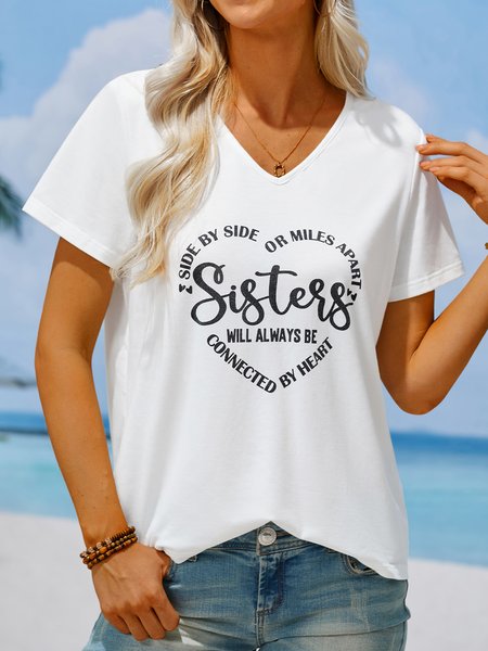 

Sister Text Letters Casual V Neck Loose T-Shirt, White, T-Shirts