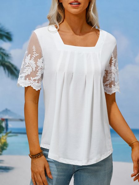 

Square Neck Plain Lace Casual Shirt, Pink, Shirts & Blouses