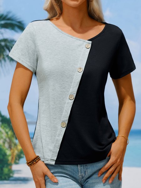 Casual V Neck Two Tone Button Front Color Block T Shirt