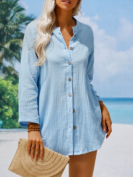 

Shirt Collar Plain Buttoned Linen Dress, Black, Dresses