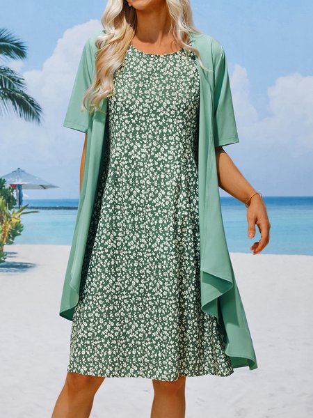 

Vacation Loose Crew Neck Floral Two-Piece Set, Pink, Suit Set