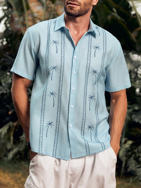 

Coconut Tree Print Short Sleeve Bowling Shirt, Blue, Men Shirts