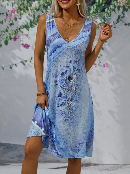 

Vacation Abstract Sea Printed Loose Midi Dress, Blue, Short