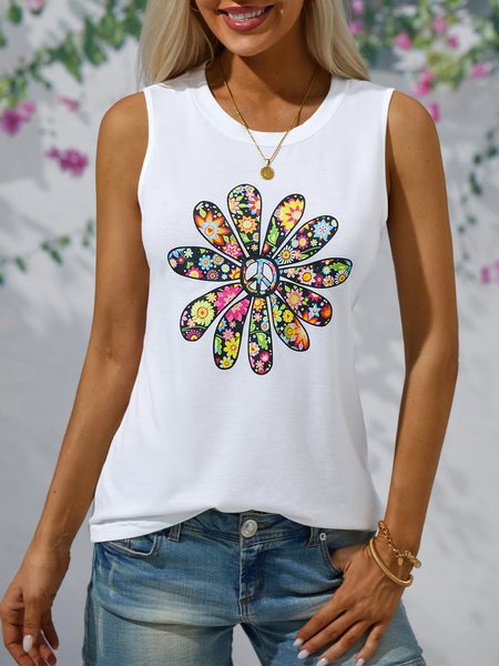 

Floral-Print Cotton-Blend Casual Crew Neck Top, White, Tanks & Camis