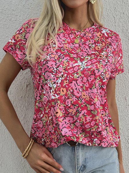 

Floral Casual Crew Neck Short Sleeve T-Shirt, Pink, T-shirts