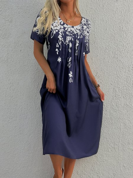 

Floral Casual Short Sleeve Pockets A-Line Dress, Dark blue, Midi