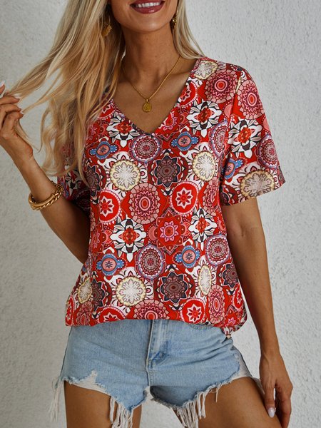 

Boho Short Sleeve Top, Red, T-shirts