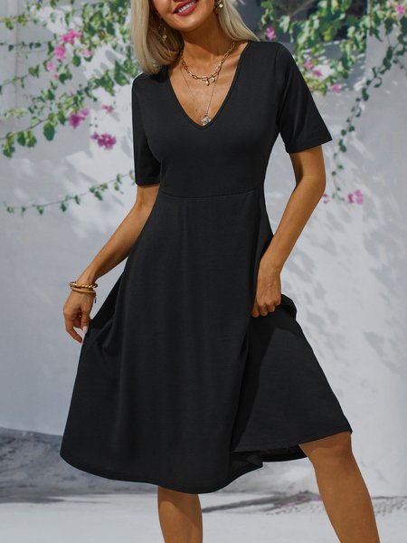 

Casual Short Sleeve V Neck Dress, Black, Midi