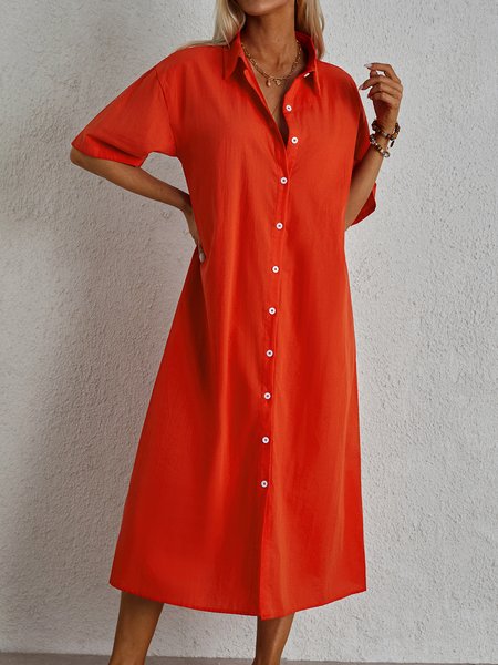 

Loose Shirt Collar Casual Cotton Dress, White, Maxi