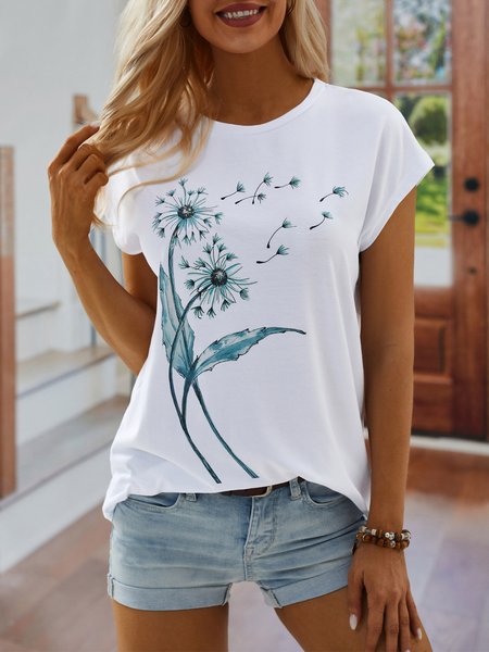 

Casual Dandelion Short Sleeve Round Neck Printed Top T-Shirt, White, T-shirts