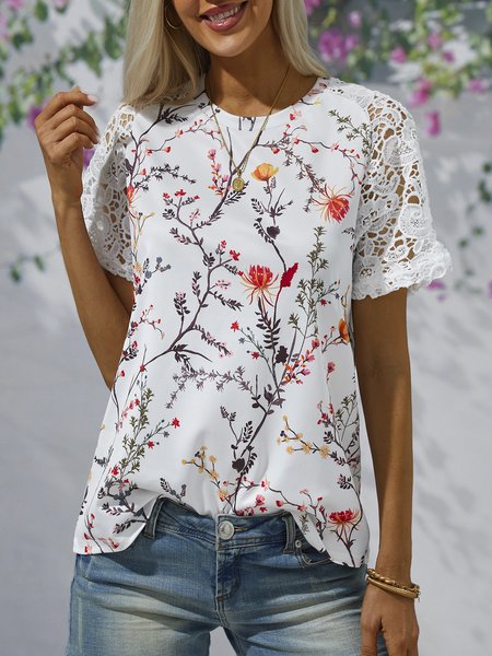 

Lace Crew Neck Floral Casual Shirt, White, Blouses