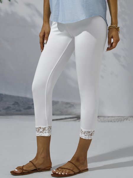 

Plain Lace Casual Cropped Pants, White, Leggings