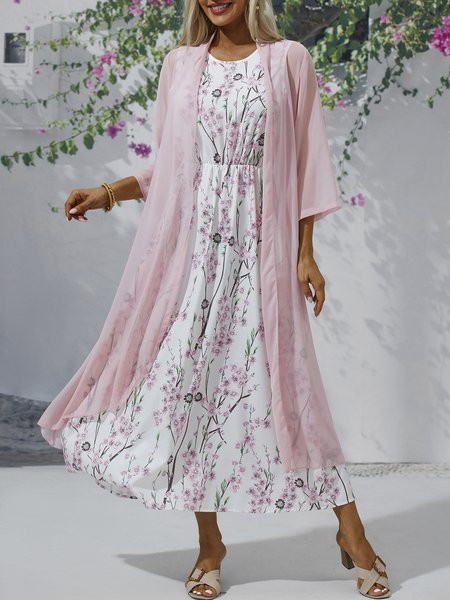 

Floral Casual Short Sleeve Woven Dress With Outerwear, As picture, Maxi