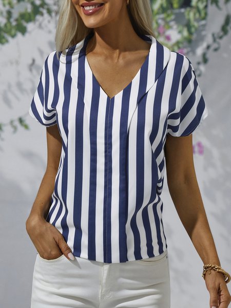 

Loose Printing Casual V Neck Shirt, Stripe-blue, Blouses