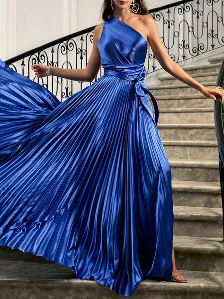 

Party One Shoulder Vintage Satin Dress, Blue, Maxi Dresses