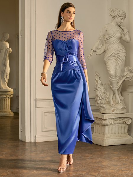

Crew Neck Lace Polka Dots Elegant Party Dress With Belt, Blue, Maxi Dresses