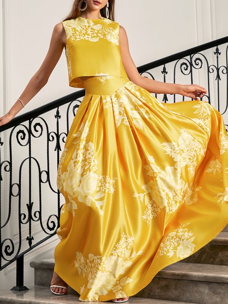 

Floral Regular Fit Crew Neck Elegant Dress Set, Yellow, Maxi Dresses