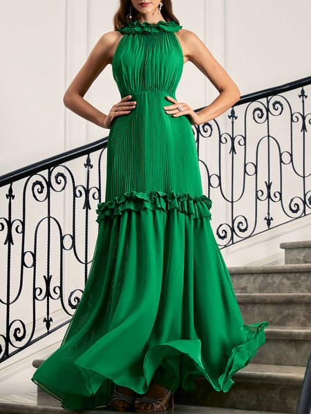 

Party Crew Neck Vintage Plain Regular Fit Dress, Green, Maxi Dresses