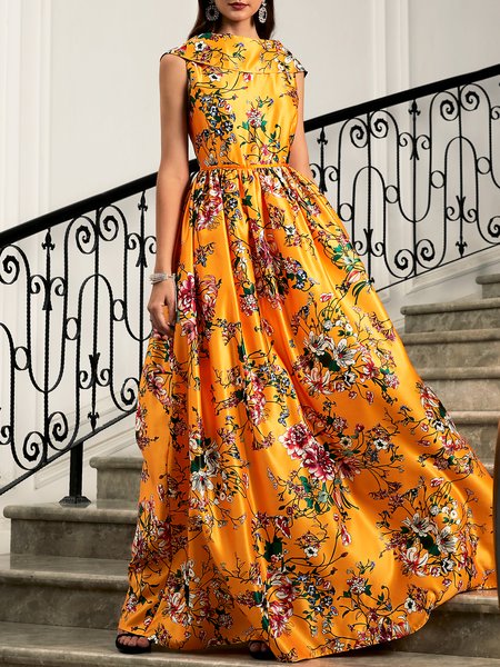 

Elegant Boat Neck Party Dress, Yellow, Maxi Dresses
