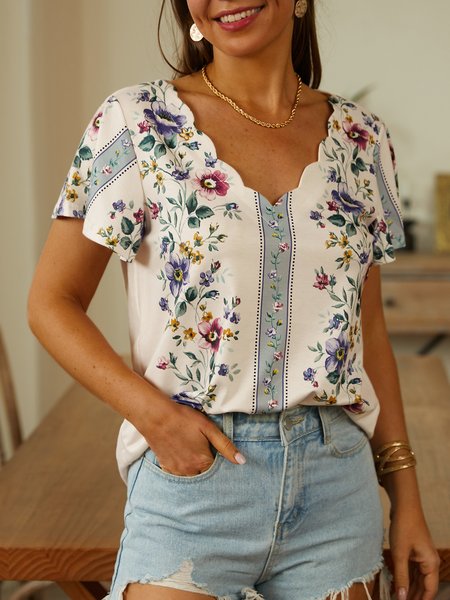 

Casual Floral V Neck T-Shirt, Apricot, T-Shirts
