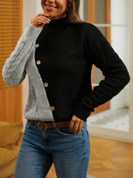 

Regular Fit Wool/Knitting Color Block Sweater, Black, Sweaters