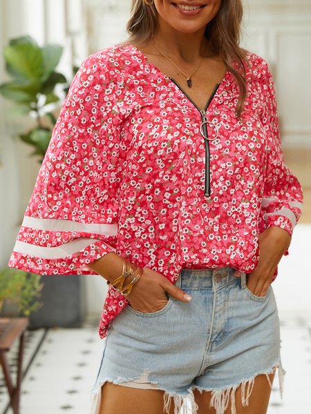 

V Neck Casual Zipper Loose Shirt, Red, Shirts & Blouses