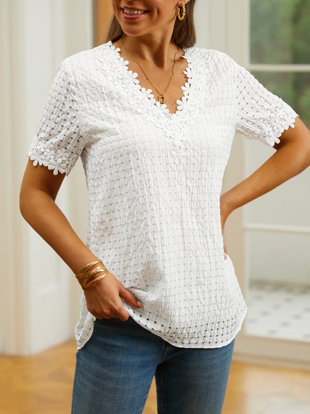 

Lace V Neck Simple Plain T-Shirt, White, T-Shirts