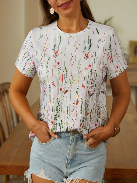 

Floral Crew Neck Casual T-Shirt, Gray, T-Shirts