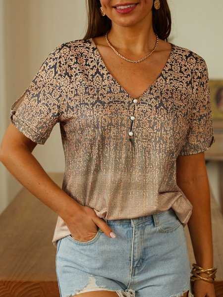 

V Neck Loose Ethnic T-Shirt, Khaki, T-Shirts