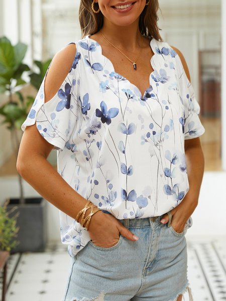 

V Neck Floral Casual Loose T-Shirt, White, T-Shirts