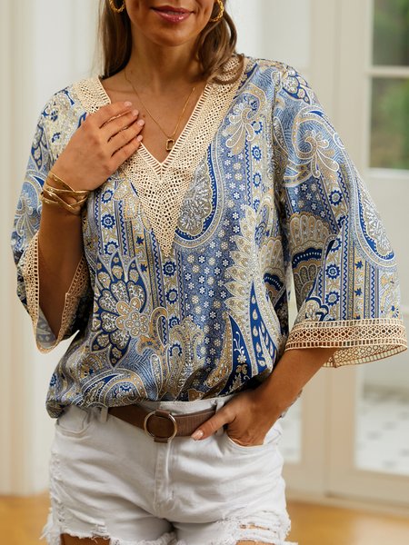 

Ethnic Lace V Neck Shirt, Blue, Shirts & Blouses