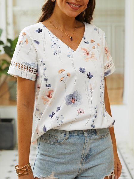 

V Neck Lace Floral Casual T-Shirt, Green, T-Shirts